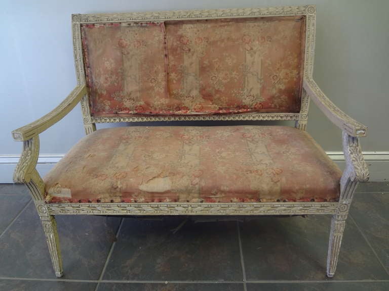 Although the settee is square back and the chairs oval back , this is a matched suite of mid 19th century French children's furniture in as found condition. We decided to let  the  buyer do as little or as much as they prefer. Currently , the