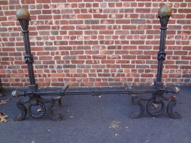Large Iron and Brass Andiron Set