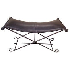 Vintage Wrought Iron and Leather Bench