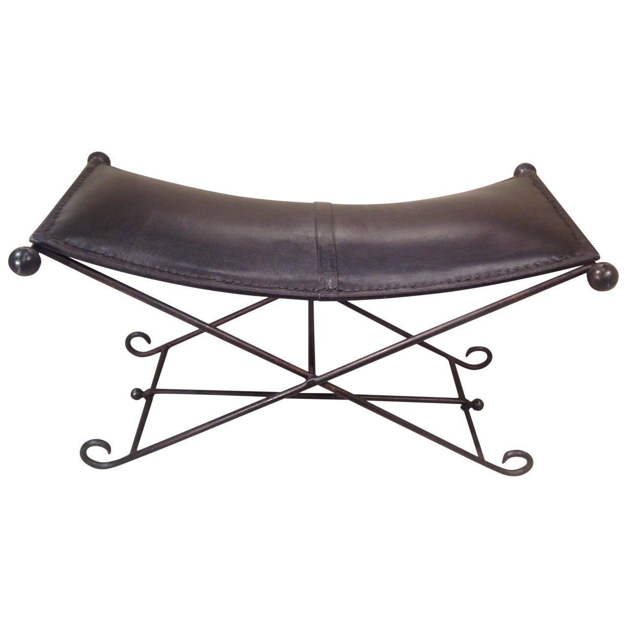 Vintage Wrought Iron and Leather Bench For Sale