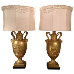 Large and Beautiful Classical Gilt Bronze Urn Lamps, Signed F. Barbedienne