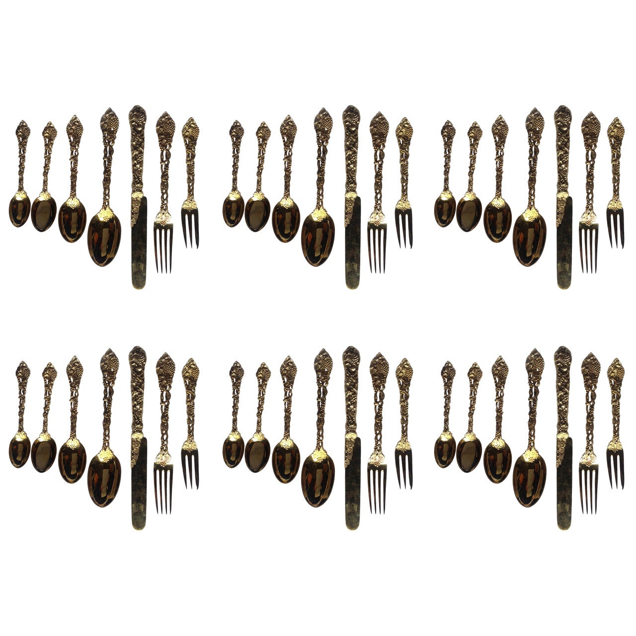 Francis Higgins Ltd. Pierced Grape and Vine Gilt Sterling Desert Set for Six