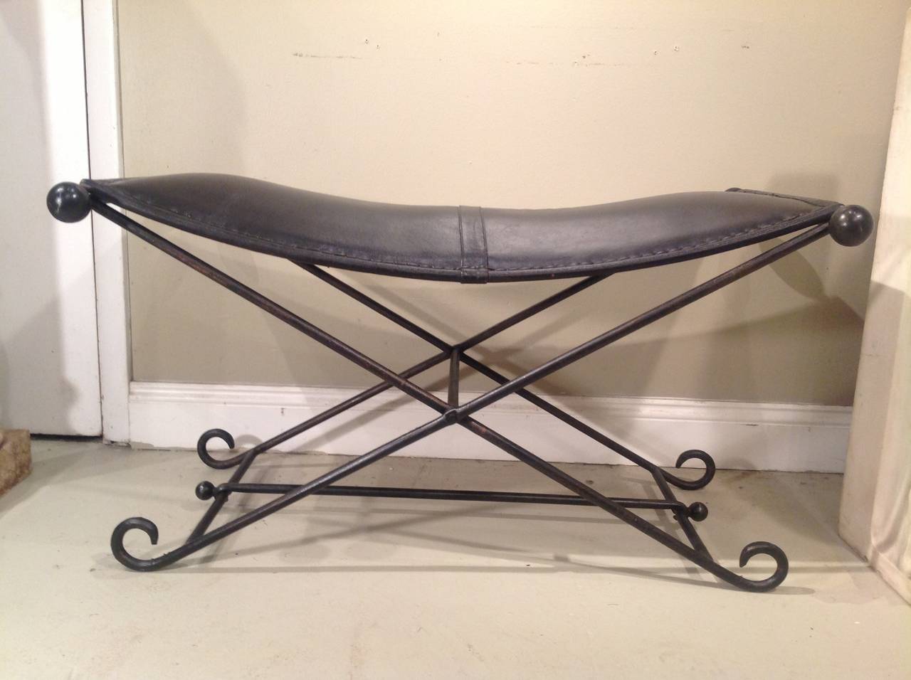 French Vintage Wrought Iron and Leather Bench For Sale