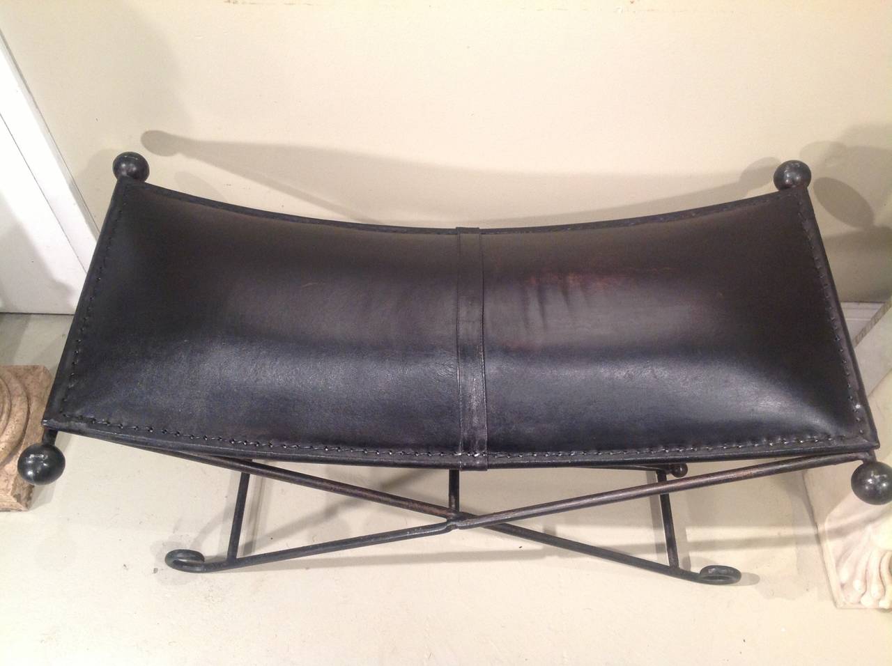 Vintage Wrought Iron and Leather Bench In Good Condition For Sale In Sleepy Hollow, NY