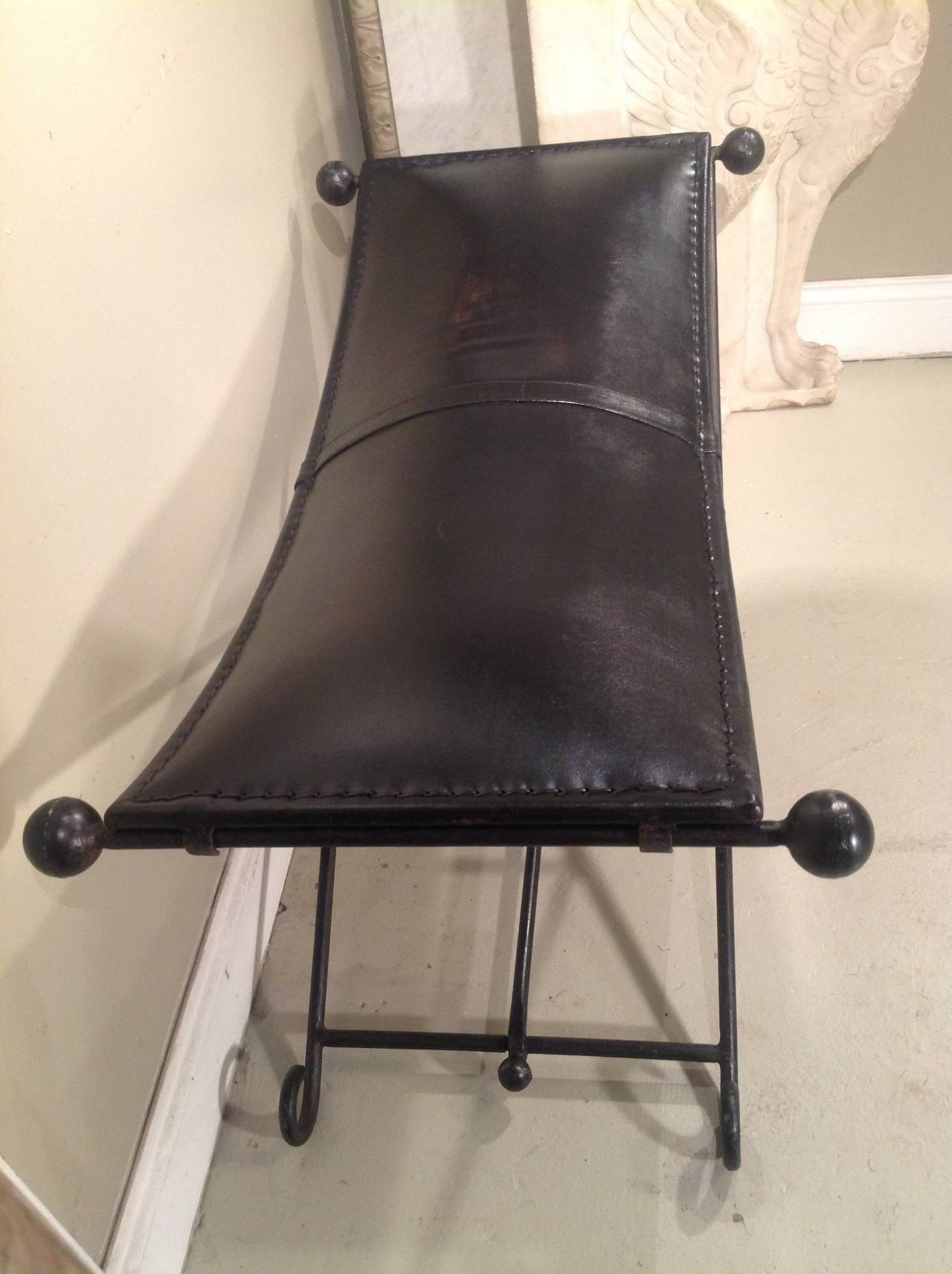 Mid-20th Century Vintage Wrought Iron and Leather Bench For Sale