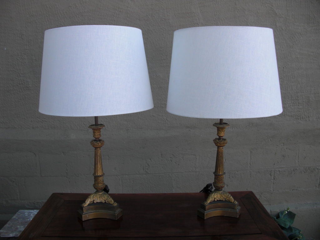 Pair of French Empire Style Gilt Bronze Table Lamps
