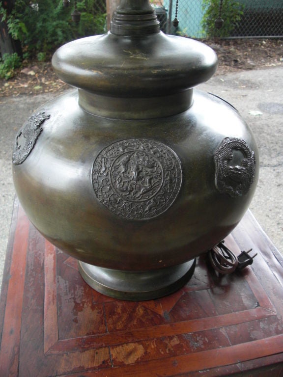 American Large Asian Style Patinated Bronze Lamp, circa 1910