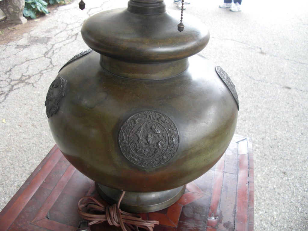 20th Century Large Asian Style Patinated Bronze Lamp, circa 1910