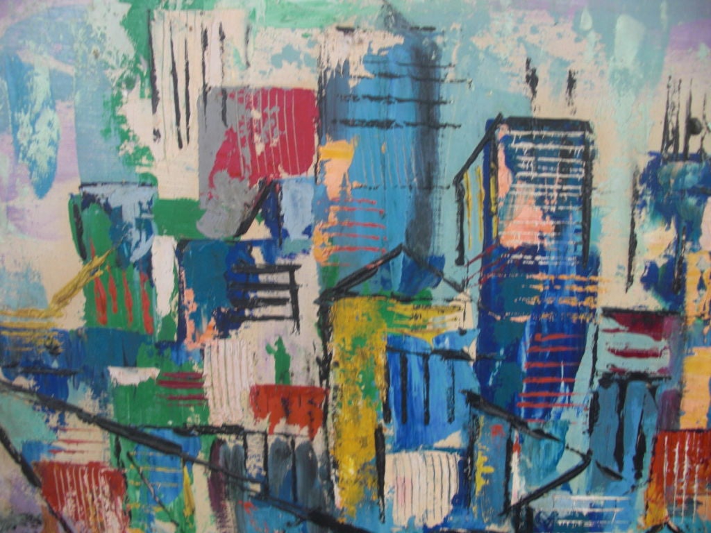 Mid-20th Century A mid century abstract oil on masonite of a city For Sale
