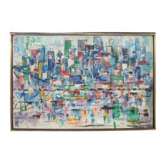 A mid century abstract oil on masonite of a city