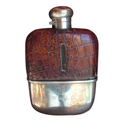 Early 20th century English sterling silver and crocodile flask