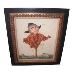 Surrealist oil titled "l'epouvantail" by Clement dated 1962