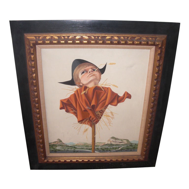 Surrealist oil titled "l
epouvantail" by Clement dated 1962