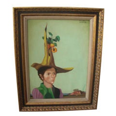 Surrealist portrait of man with hat  signed Clement , dated 1963