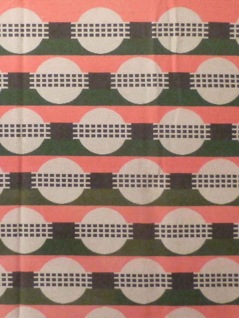 Camp Blanket.  20th-Century. American.  Rare colors and unusual design.  Circles divided by grids form a fascinating graphic which, with color juxtaposition, forms a blanket with two very different sides.
Amazing examples of 20th-Century design are