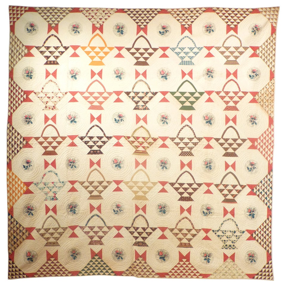 Antique Quilt, "Baskets" with Chintz Rose Medallions and "Birds-in-Air" Border