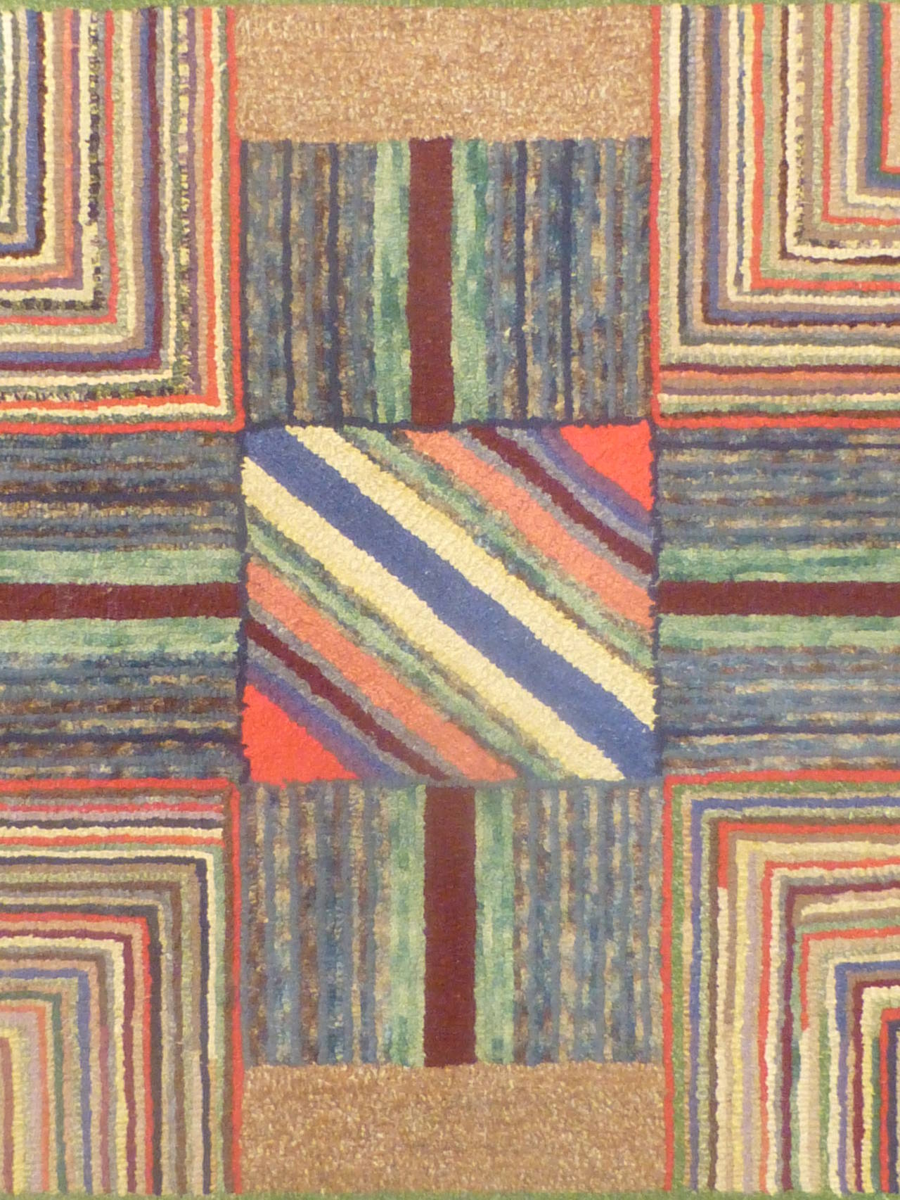 Vintage Geometric Hooked Rug.  Second quarter of the 20th Century.  The tradition of painted antique American game boards in the 19th and 20th Centuries was a likely source of inspiration for this unusually bold and crisp hooked rug.  Finely