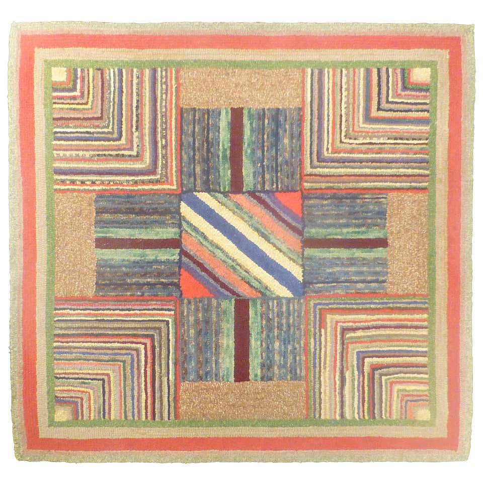 Vintage Geometric Hooked Rug at 1stDibs
