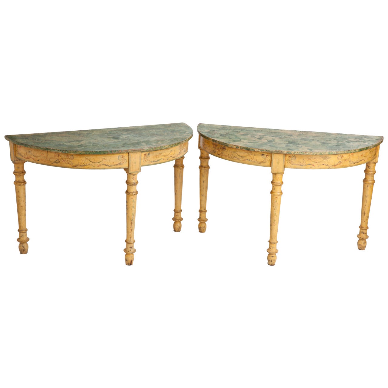 Pair of Painted Italian Demilune with Green Faux Marble Tops, circa 1800