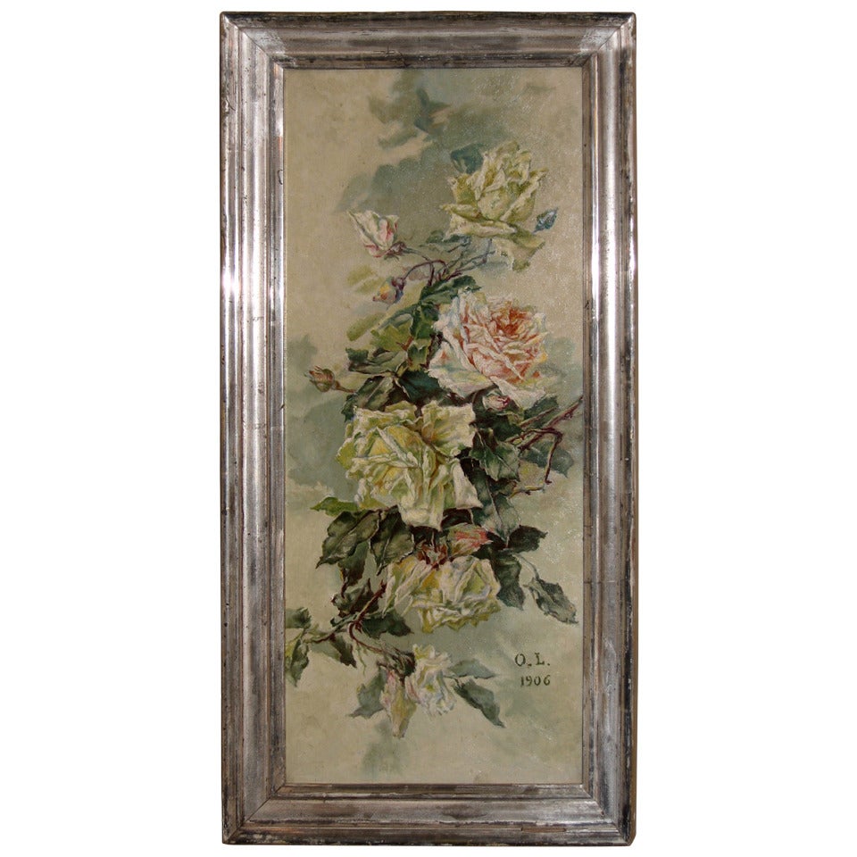 French Oil on Canvas Painting of Roses, Signed and Dated 1906