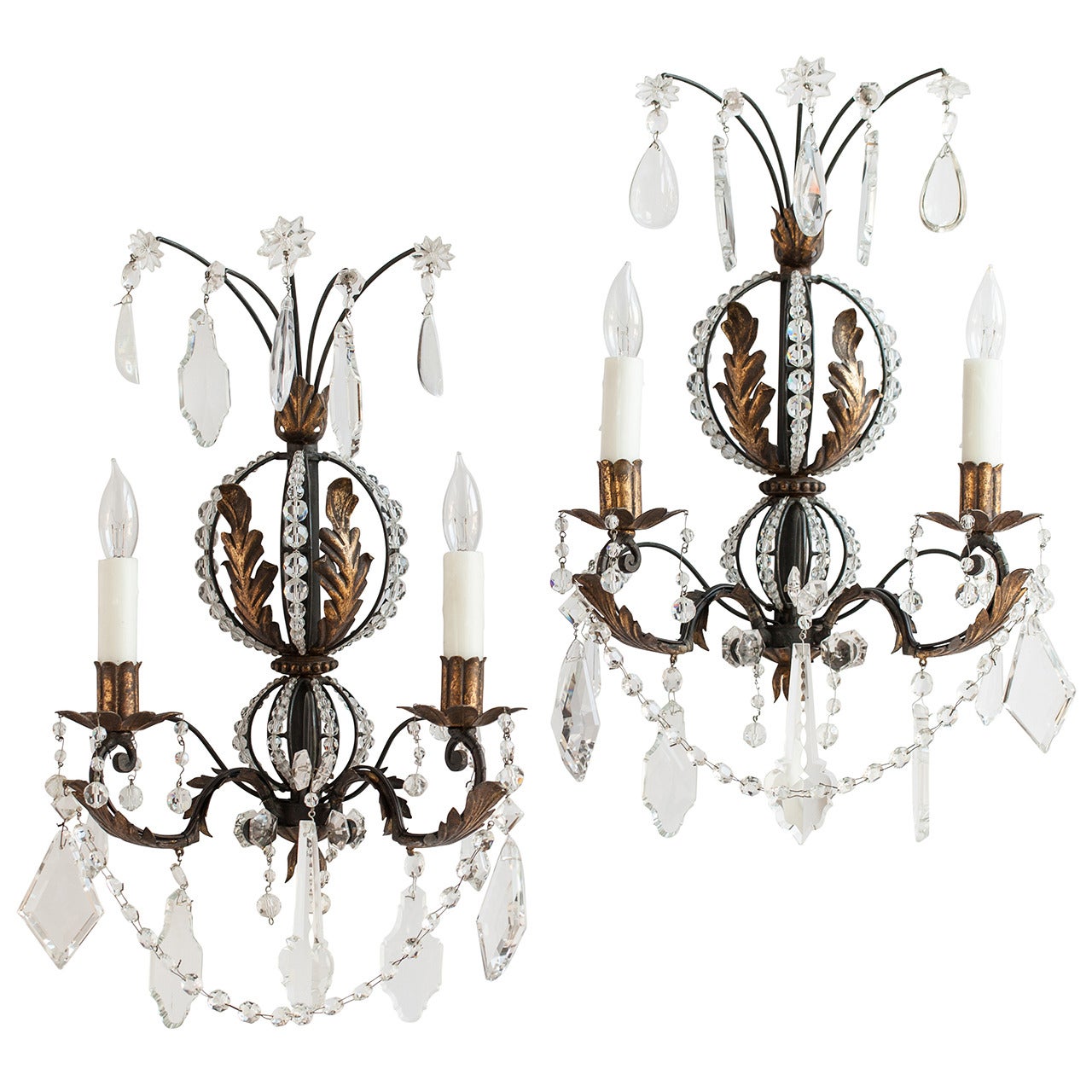 Pair of French Gilt Leaf and Crystal Sconces, circa 1940