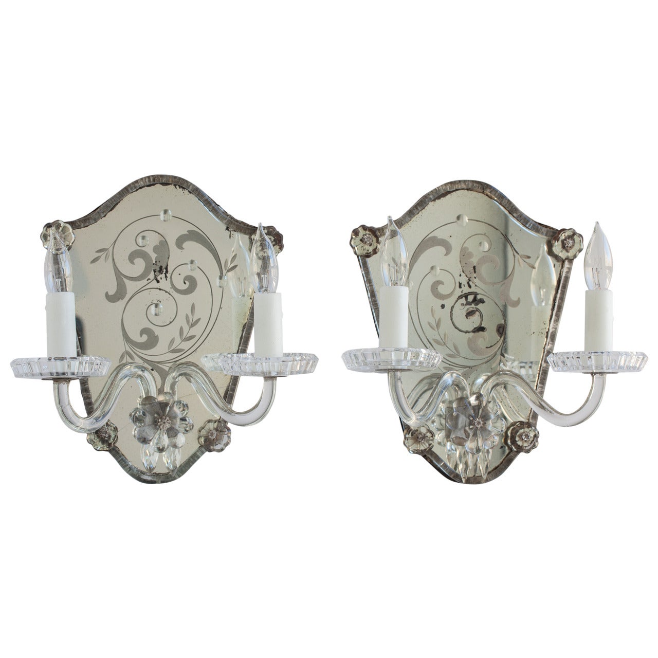 Pair of French, Baccarat, Late 19th Century Etched and Mirrored Sconces