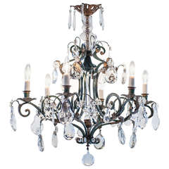 French Green Painted Metal Chandelier with Crystal Pendants, circa 1940