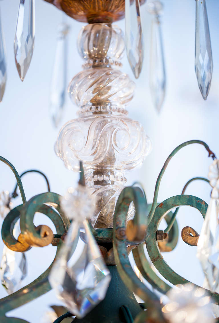 French Green Painted Metal Chandelier with Crystal Pendants, circa 1940 In Good Condition In New Preston, CT