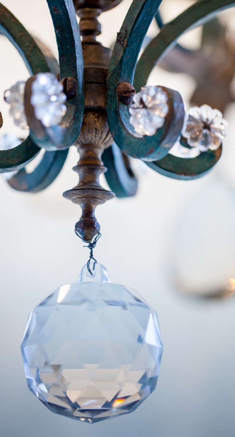 French Green Painted Metal Chandelier with Crystal Pendants, circa 1940 2