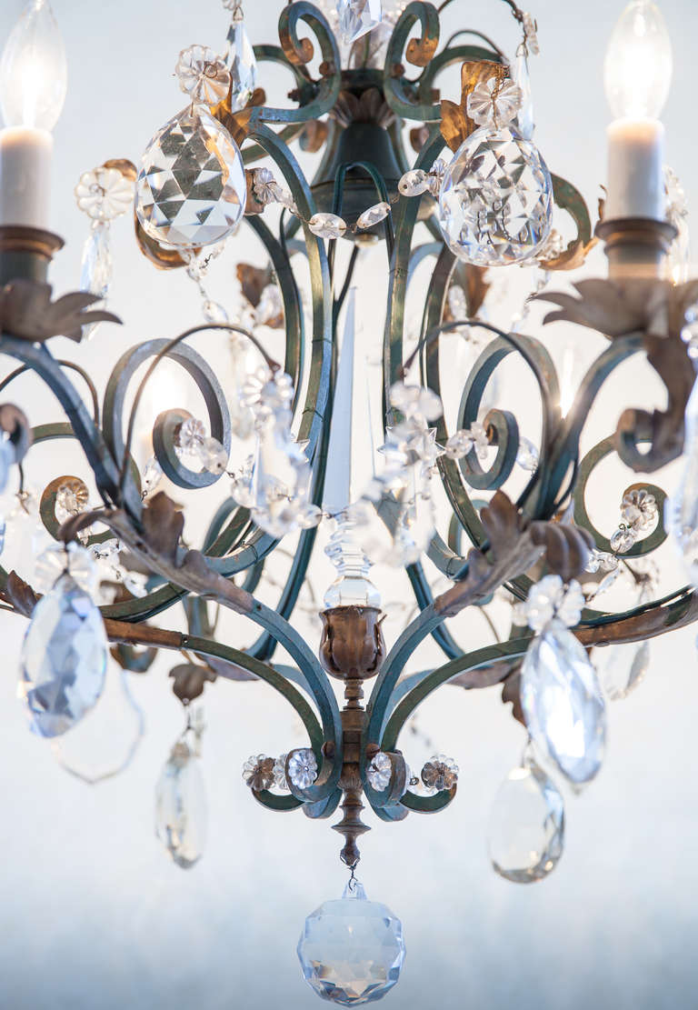 Other French Green Painted Metal Chandelier with Crystal Pendants, circa 1940
