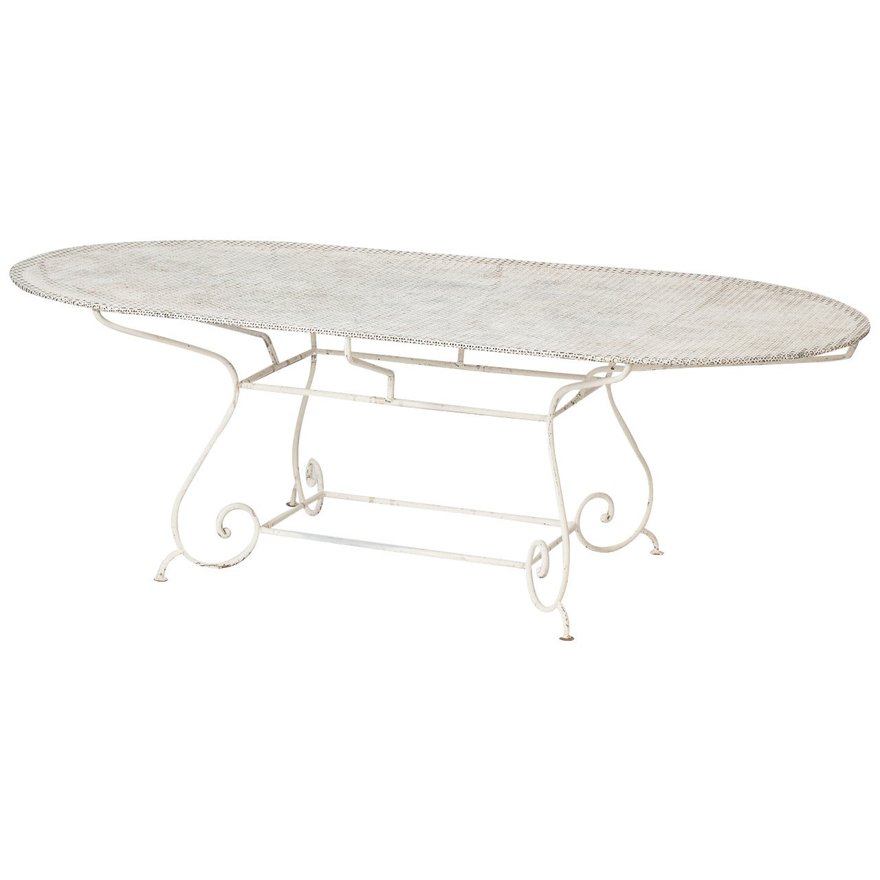 French White Painted Iron Garden Table with Scrolled Base, circa 1950