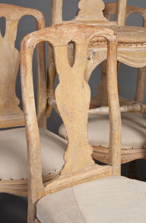 A matched set of six Swedish Rococo period dining chairs circa 1770, in original paint with a nice patina.