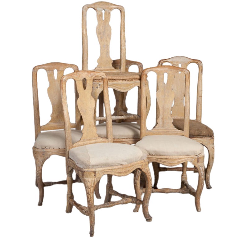 A matched set of six Swedish Rococo dining chairs.