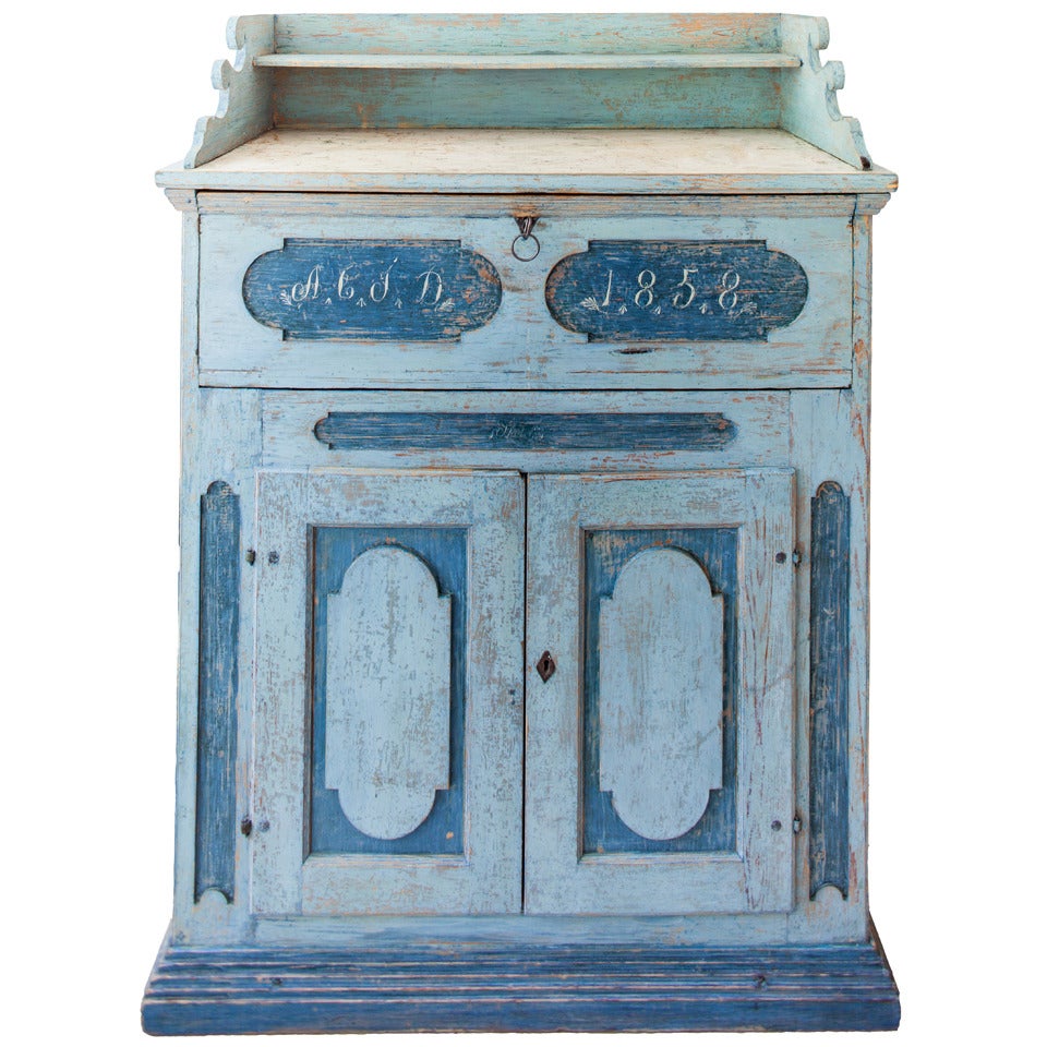 Swedish Secretary in Original Blue Paint, Signed and Dated 1858