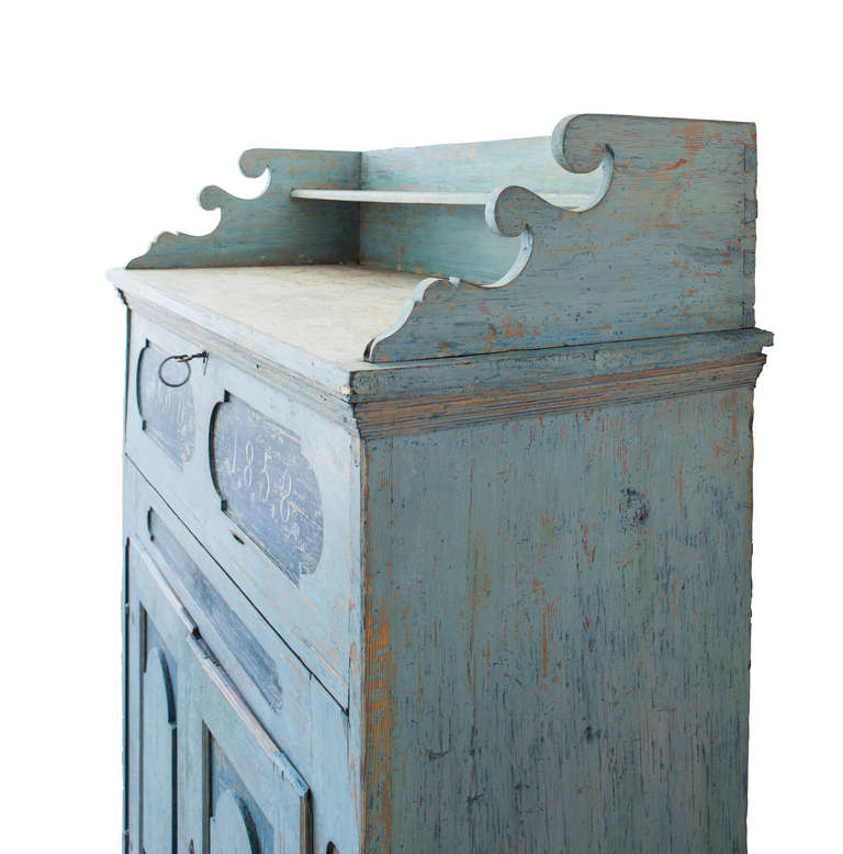 19th Century Swedish Secretary in Original Blue Paint, Signed and Dated 1858