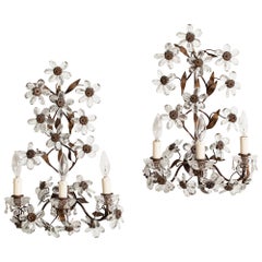 Antique Pair of French Crystal Flower Sconces, circa 1900