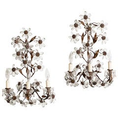Antique Pair of French Crystal Flower Sconces, circa 1900 6