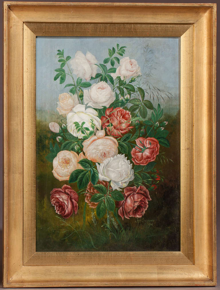 A beautifully executed painting of roses, Gouache on wood signed by Durieux a painter of Jolities de Spa, late 19th century Belgium. Durieux was also known for his exquisite paintings on wooden boxes of the period. The painting is in a beautiful