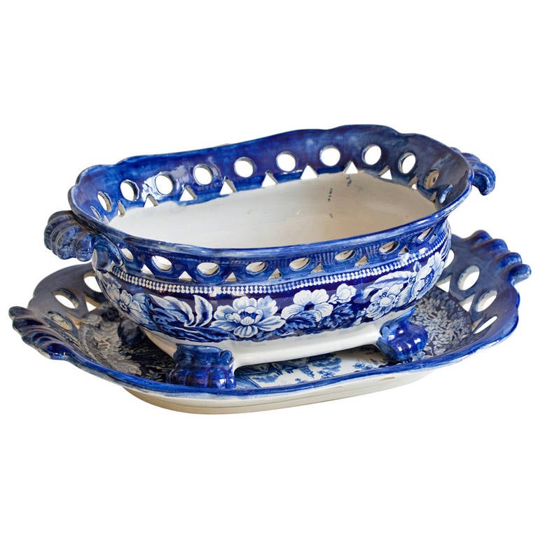 English Blue and White Transfer Ware Footed Bowl and Under Dish For
