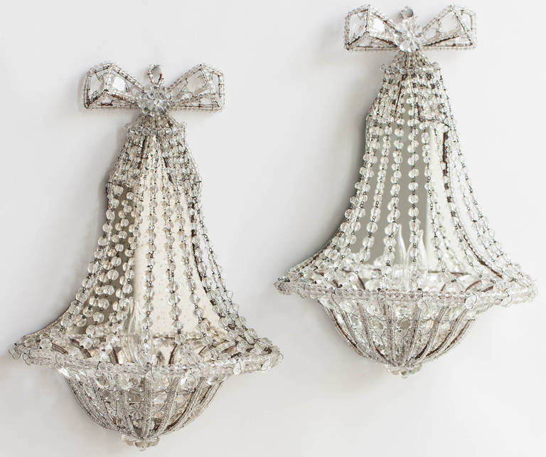 Pair of French Mirrored Sconces with Bow Detail, circa 1900 In Excellent Condition In New Preston, CT