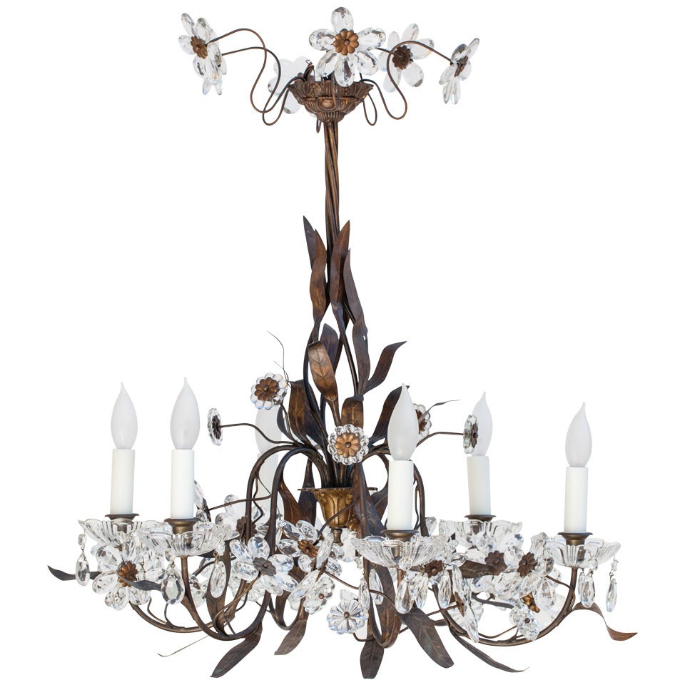 French Chandelier with Crystal Flowers and Bronze Leaves, circa 1900 For Sale