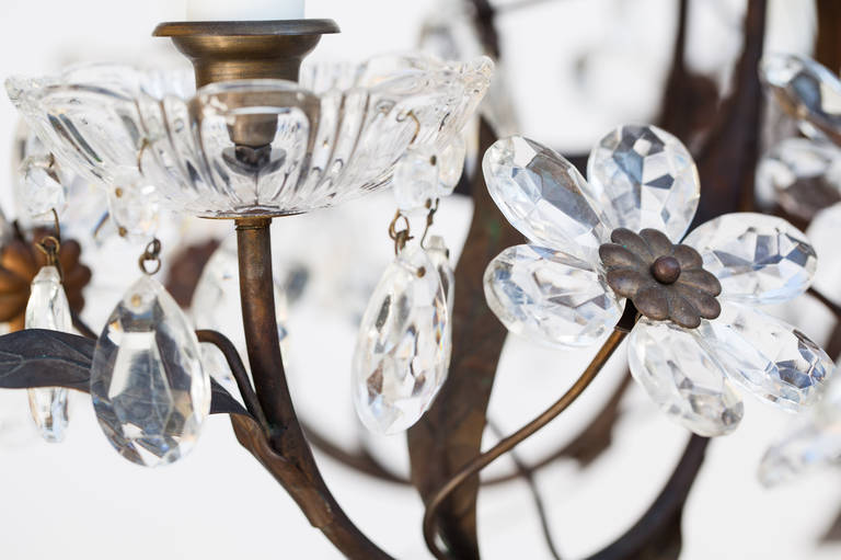 French Chandelier with Crystal Flowers and Bronze Leaves, circa 1900 For Sale 1