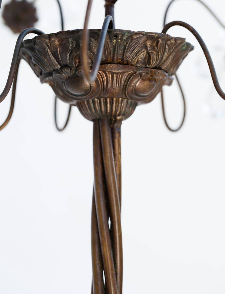 20th Century French Chandelier with Crystal Flowers and Bronze Leaves, circa 1900 For Sale