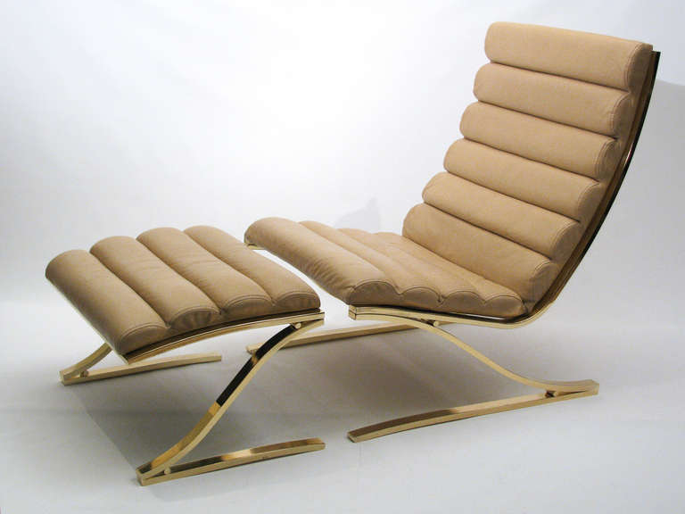 Mid-Century Modern Leather and Brass Lounge Chair and Ottoman, Design Institute of America