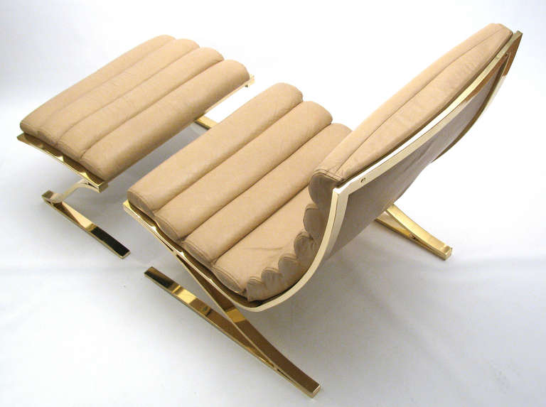 American Leather and Brass Lounge Chair and Ottoman, Design Institute of America