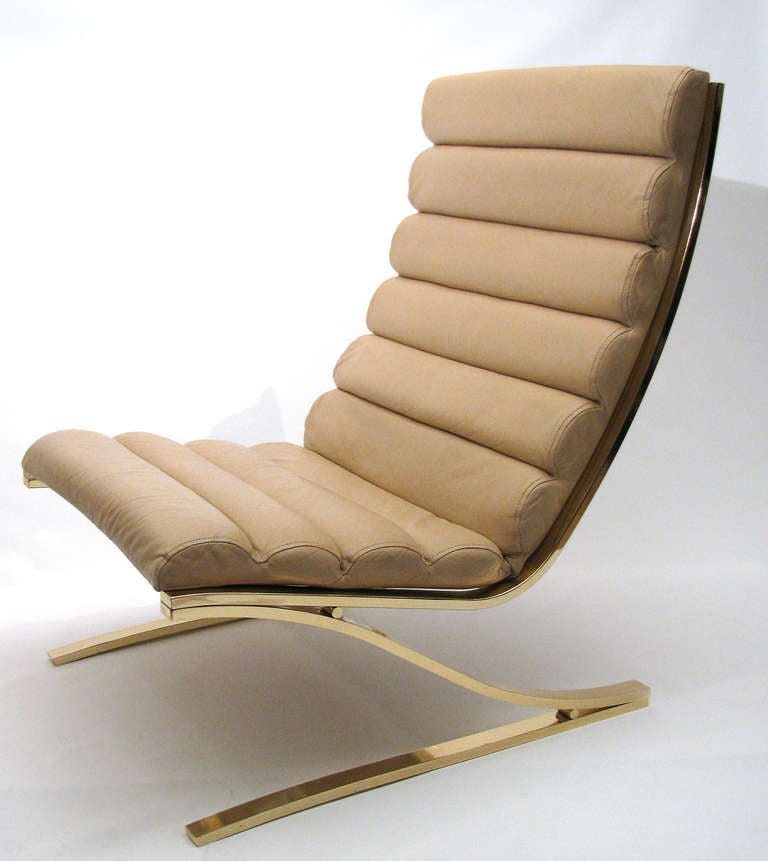 Leather and Brass Lounge Chair and Ottoman, Design Institute of America In Excellent Condition In Austin, TX