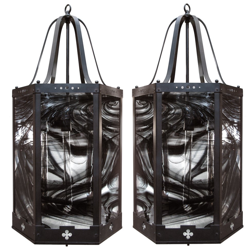 Massive Steel and Glass Hanging Lanterns For Sale