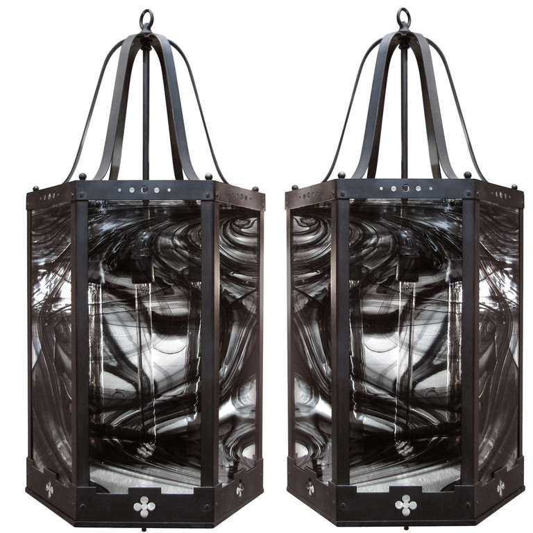 Massive Steel and Glass Hanging Lanterns For Sale at 1stdibs