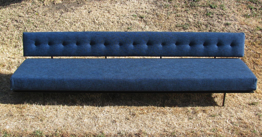 Rare Florence Knoll Armless Sofa <br />
with a sleek architectural design.<br />
Square tubular steel base with black finish. <br />
Original blue/black upholstery.<br />
<br />
Extra measurements; from seat surface to top of back 15 inches.