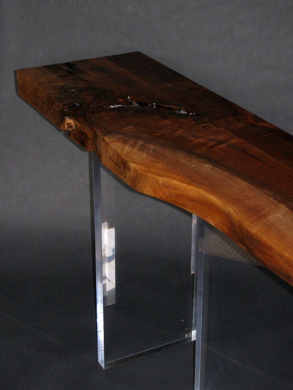 A California walnut top with live edge cut, butterfly inlay with thick Lucite base, 2